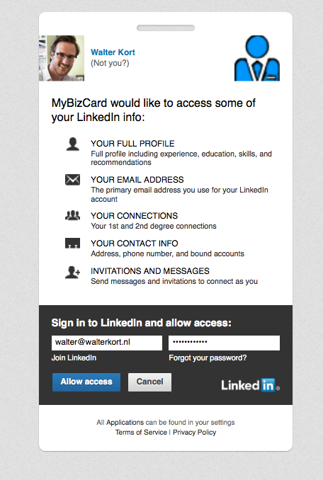 MyBizCard Linkedin authoriseren