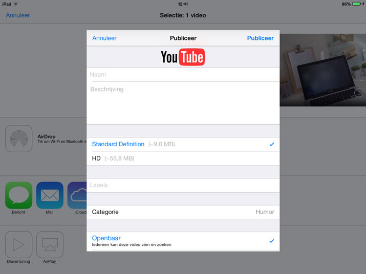 foto app album videos ipad delen youtube account instellingen